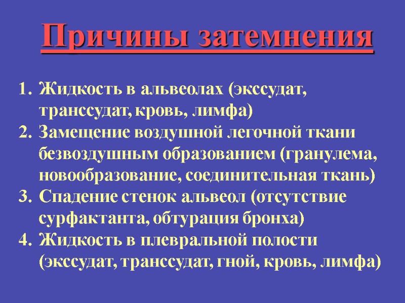 Жидкость в альвеолах (экссудат, транссудат, кровь, лимфа) Замещение воздушной легочной ткани   безвоздушным